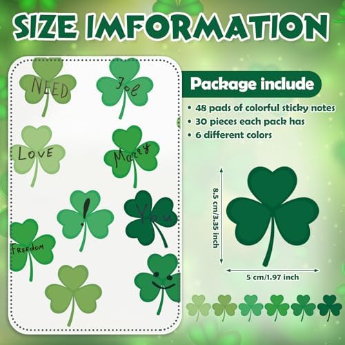 48 Pads 1440 Sheets Shamrock Sticky Notes St. Patrick's Day Note Pads Gifts Bulletin Board Decorations Stickers Self Adhesive Memo Pad