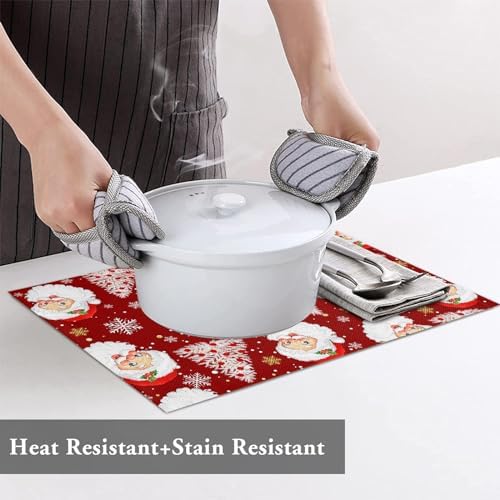 Red Christmas Placemats Set of 6, Santa Claus Merry Christmas Tree Heat Resistant Washable Table Place Mats Winter Snowflake Cotton Table Linens Party Holiday Decor for Kitchen Dining Outdoor Indoor