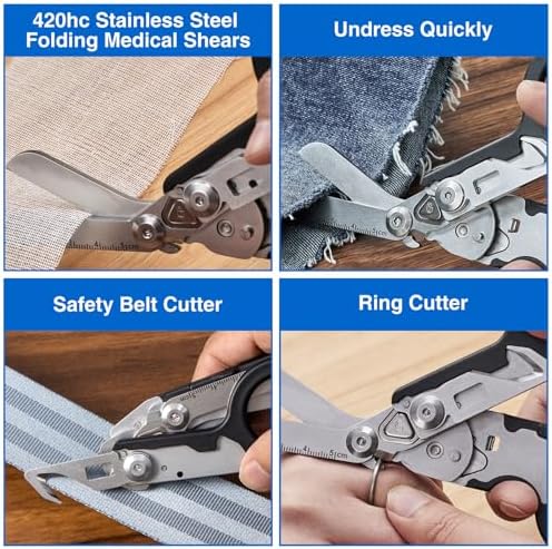 Heavy Duty 6 in 1 Multifunctional Trauma Shears Foldable | Stainless Steel emergency response scissors | Survival Shears with Holster | Medical Trauma shears Tactical With Strap Cutter | Black