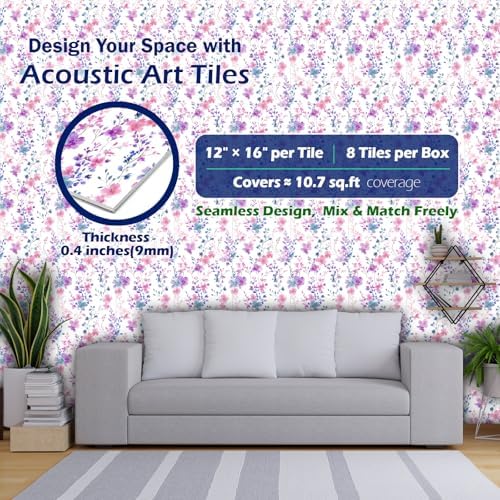 PINWELIFE® Acoustic Art Tiles – 8-Pack 12"x16" Sound Absorbing Panels, Seamless Wallpaper-Style Decorative Acoustic Wall Art, Echo Reduction for Home Studio/Office, Nano Tape Included
