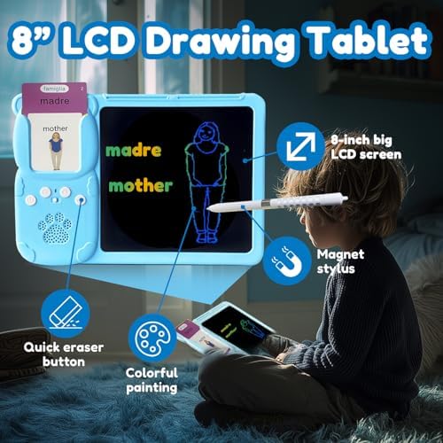 Writing Tablet with Bilingual Flash Cards for Kids, Italian Blue