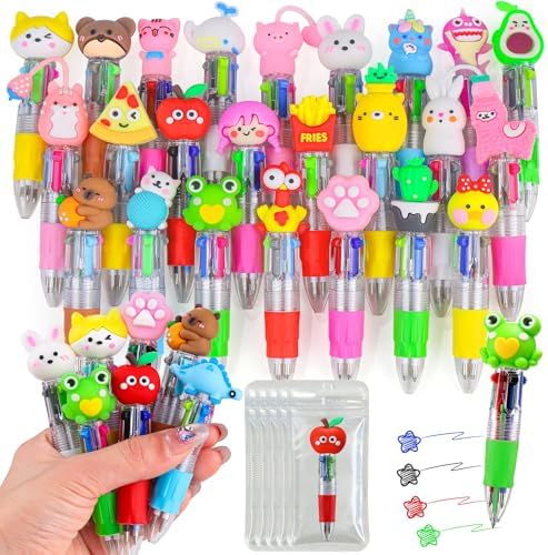 26 Pcs Mini Multicolor Pens in One 4-in-1, Cute Kawaii Ballpoint Pens Bulk with 26 Different Designs, Classroom Rewards, Student Gifts, Party Favors, Back to School Supplies for Kids