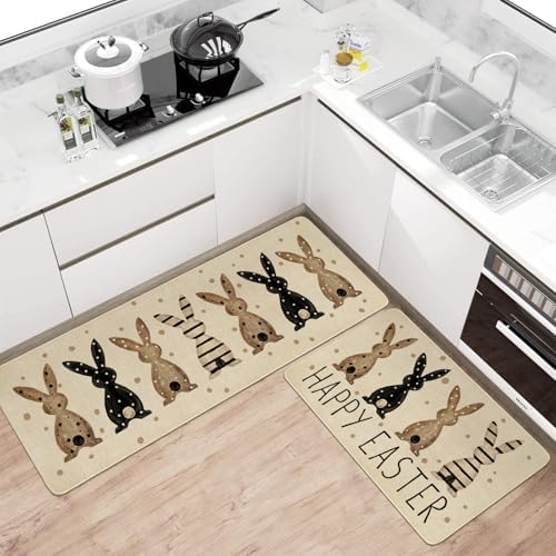 Happy Easter Kitchen Rugs and Mats Set of 2,Spring Rabbit Bunnies Polka Dots Farmhouse Non Slip Washable Floor Sink Mats Decorations for Home Kitchen 18"x48"+18"x30"