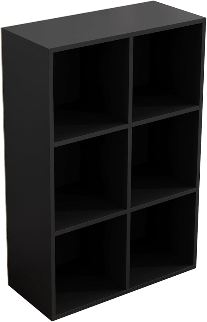 6-Cube Storage Shelf Bookcase, Black | Wooden 3-Tier Open Bookshelf, Fits 11×11" Bins, Vertical or Horizontal Use, Full Back Panels, For Home Office