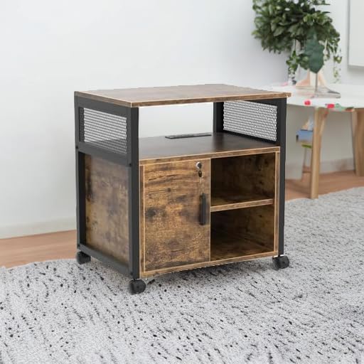 Unikito Rolling File Cabinet, Lateral Filing Cabinet on Wheels Mobile Office Printer Stand with Door and Open Storage Shelf for A4, Letter Size and Hanging File Folders, Lockable, Rustic Brown
