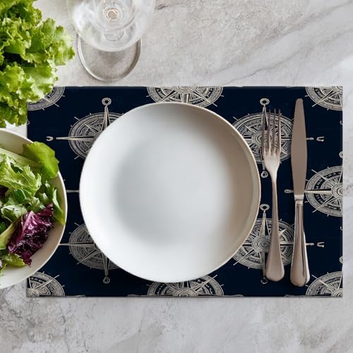 Batmerry Maritime Sailing Linen Placemats Set of 8, Oceanic Nautical Emblem Washable Table Mats for Kitchen Table Thickened Heat Insulation Dining Set Indoor Outdoor 12X18 in