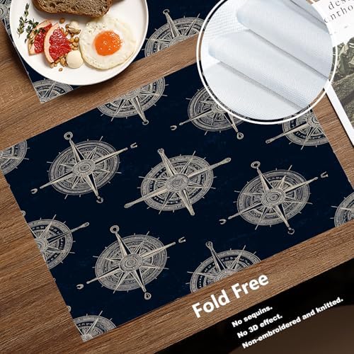 Batmerry Maritime Sailing Linen Placemats Set of 4, Oceanic Nautical Emblem Washable Table Mats for Kitchen Table Thickened Heat Insulation Dining Set Indoor Outdoor 12X18 in