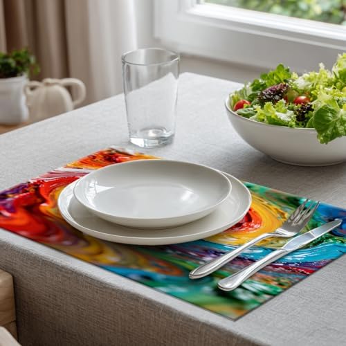 Batmerry Colorful Grunge Macro Closeup Placemats, Multicolor Abstract Art Washable Linen Table Mats for Kitchen Table Double Insulation Decor Dining Set Indoor Outdoor 12X18 in Set of 6