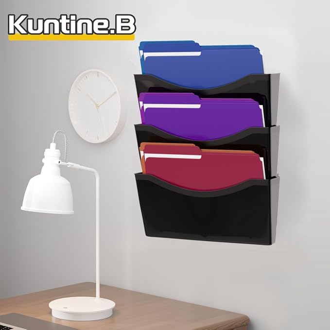 Kuntine.B 3 Pack Black Single Pocket File Holder Hanging Wall Organizer, Wall Mount Mails Magazines Organizer for Office and Home