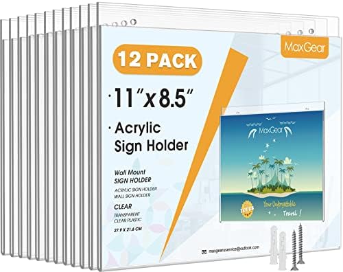 MaxGear Acrylic Wall Mount Sign Holder, 8.5 x 11 Landscape, 12 Pack
