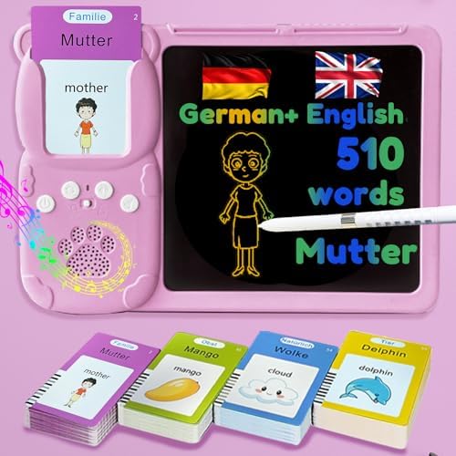 Writing Tablet with Bilingual Flash Cards for Kids, German, Pink