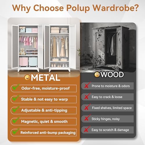 Polup Metal Armoire Wardrobe Closet with Mirror, 71" Tall White Cabinet
