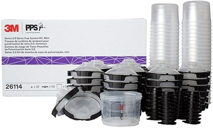 3M PPS 2.0 Spray Gun Cup, Lids and Liners Kit, 26114, Mini, 6 Ounces, 200-Micron Filter, Use for Cars, Furniture, House and More, 1 Paint Cup, 50 Disposable Lids and Liners, 32 Sealing Plugs, White | 50 Disposable Lids and Liners; 32 Sealing Plugs; Use...