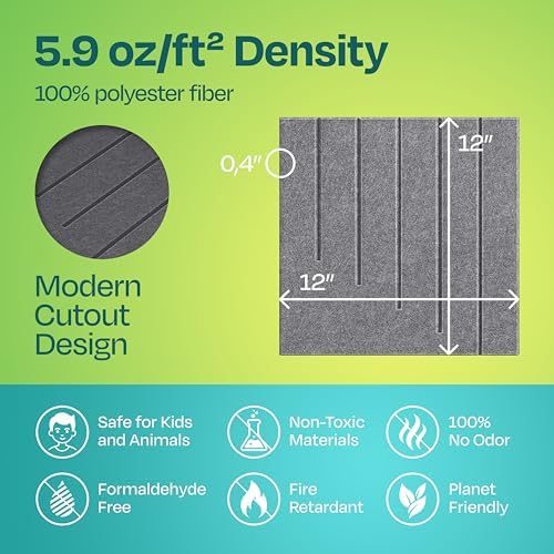 Acoustic Panels 12-Pack Soundproof Wall Panels 12"x12"x0.4" Decorative Sound Dampening for Your Home, Office, Studio, Bedroom & More with Unique LineWave Carving [Pebble Gray]