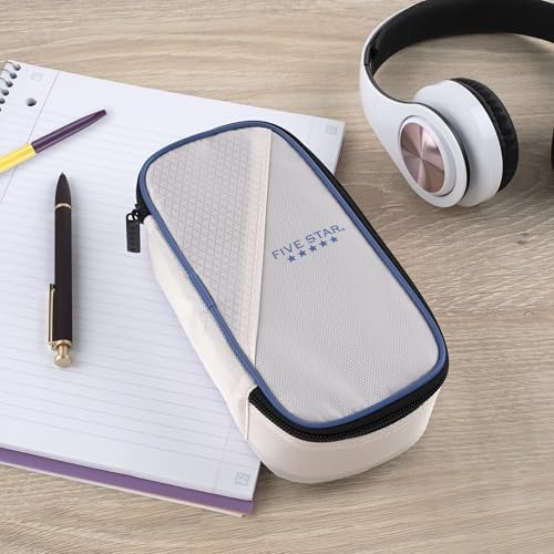 Five Star Pencil Pouch Zipper High-Capacity Storage Organizer Case for Office Supplies Earbuds Chargers Cables Makeup, Tan/Blue (500212A)