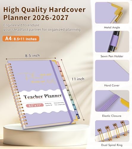 Teacher Planner 2026-2027, July 2026 - June 2027, Academic Weekly & Monthly Calendar Planner with Tabs, 8.5" x 11" A4 Teacher Lesson Plan Book with 7 Periods, Daily Agenda School Organizer for Teacher Student Homeschool Purple