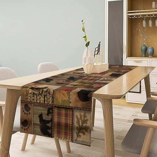Rustic Moose Deer Bear Table Runner, Retro Vintage Bear Cottage Country Style Cabin Farmhouse Dinner Runner for Home Kitchen Dining Table Decoration 13"x108"
