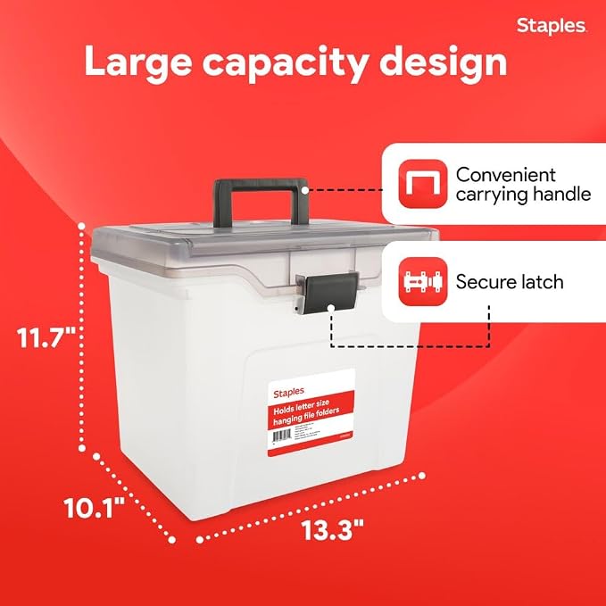 Staples File Box Portable Tote, Letter Size, Clear, 2/Pack | Lightweight storage tote for transporting and organizing hanging files.
