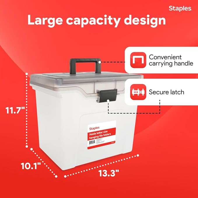 Staples File Box Portable Tote, Letter Size, Clear, 4/Carton | Lightweight storage tote for transporting and organizing hanging files.