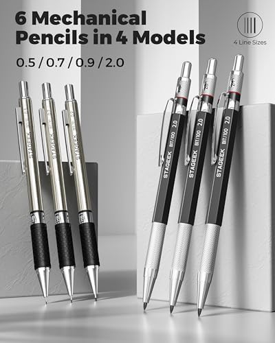 STAGEEK 34PCS Mechanical Pencil Set with Case, 0.5, 0.7, 0.9 ＆ 3PCS 2mm | Drawing Pencils with 384PCS Lead Refills (6B 4B 2B HB 2H 4H Color), Erasers, Sharpeners, Artist Pencil for Sketching Drafting