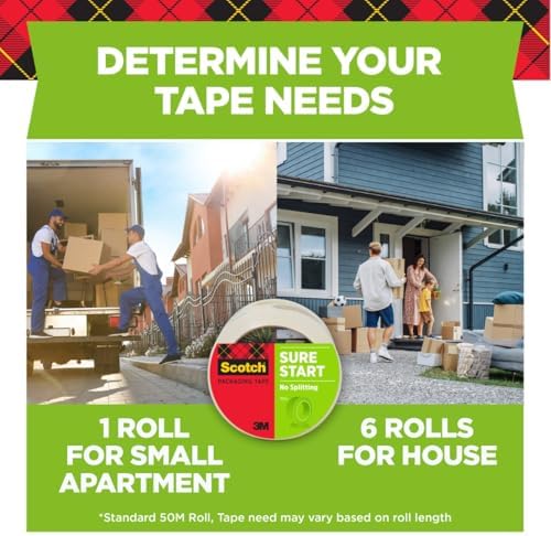 Scotch Sure Start Shipping Packaging Tape, 1.88" x 54.6 yd, Designed for Packing, Shipping and Mailing, Quiet Unwind, No Splitting or Tearing, 3" Core, Clear (345),1 Roll (Pack of 12)