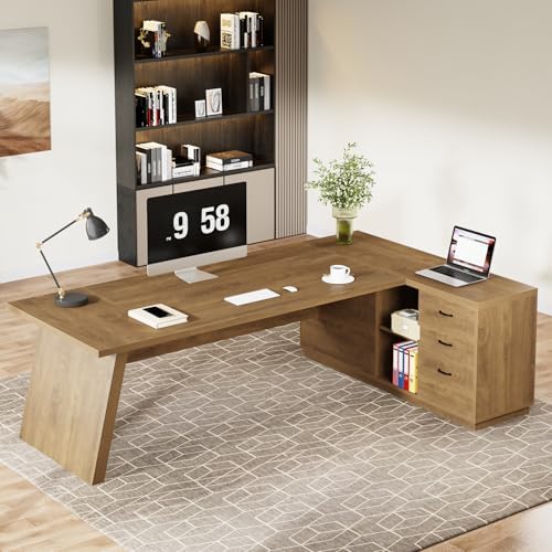 Tribesigns 78" L-Shaped Executive Desk, Large Modern Office Desk with Drawers and Lateral File Cabinet, Business Furniture with Storage Shelves, Big Computer Table for Home Office (Brown)
