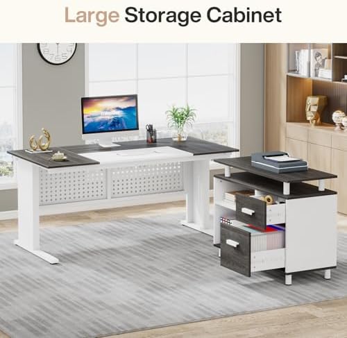 Tribesigns 63 Inch Executive Desk with File Cabinet, L Shaped Office Desk with Drawers and Storage Shelves, Business Furniture Set Workstation for Home Office, Gray and White