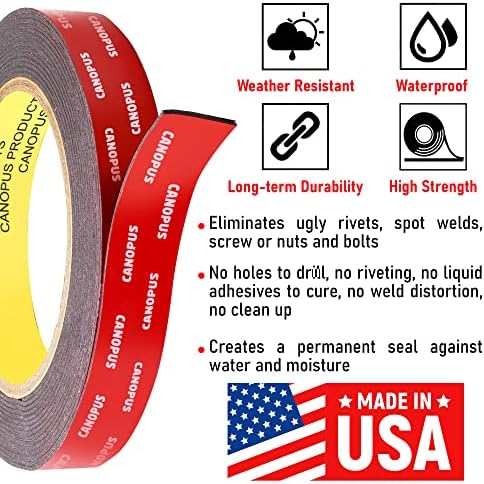 CANOPUS Double Sided Tape, 5952 Heavy Duty Mounting Tape, Strong Bond & Weatherproof Seal Strip for Automotive Mounting, Picture and Photo Frame, Poster, Craft, 0.75 in x 45 ft, Black, Made in USA