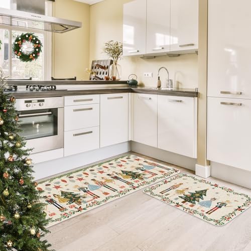 JarThenaAMCS Christmas Nutcracker Kitchen Mat Set of 2 Watercolor Nutcracker Kitchen Floor Mats Xmas Cartoon Non-Slip Door Rugs for Party Home Entrance, 17 x 29 Inch & 17 x 47 Inch