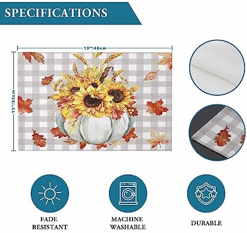 Fall Pumpkins Leaves Placemats Set of 4, Thanksgiving Heat Resistant Washable Table Place Mats Rustic Farmhouse Gray Buffalo Plaid Table Linens Party Decor for Home Kitchen Dining Outdoor Indoor