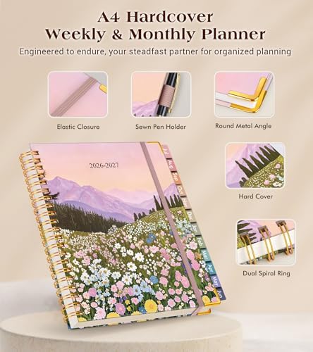 Academic Planner 2026-2027, Hardcover Weekly and Monthly Calendar Planner from July 2026 - June 2027, 8.5" x 11" A4 Large Daily Agenda with Tabs, College School Organizer for Student Teacher, Wildflower Mountainside