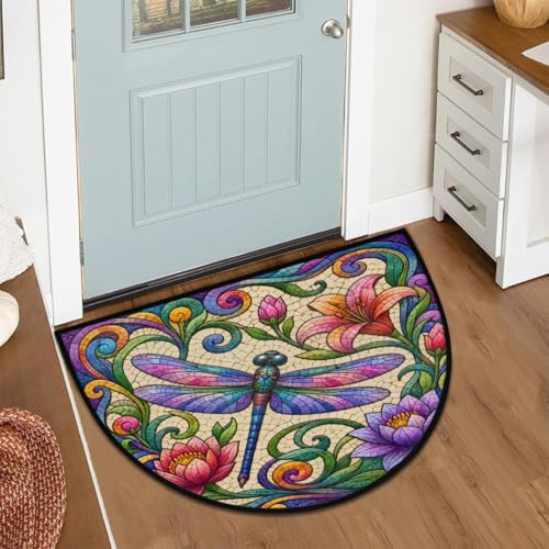 Bohemian Dragonfly Flower Half Round Door Mat, Non-Slip Welcome Indoor Entrance Way Rug Semi Circle Front Doormats Washable Bathroom Kitchen Floor Mat, Outdoor Rugs for Garage, Patio, Hearth Rug,B-1