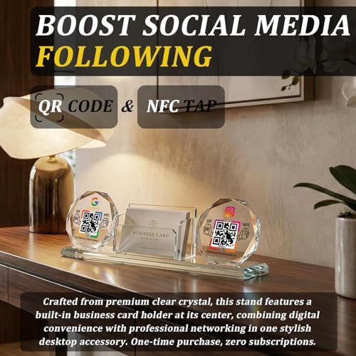 Dual Social Media Crystal Stand with Built-In Business Card Holder & NFC/QR Tech - No App Needed, One-Time Purchase, Lifetime Promotional Desktop Decor for Business (Display GG+ins)