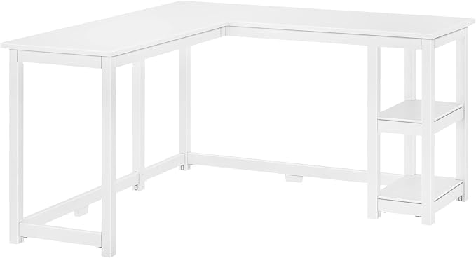 Plank+Beam Classic Desk, L-Shape, 55 Inch, with Shelves, White | Wooden Corner Desk with Shelves, Non-Toxic Finishes, Large Desk Space, Engineered Wood, Matching Style, Solid Wood