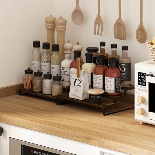 Furinno RAVEL Kitchen Countertop Organizer Set of 2, 3-Tier Counter Shelves, Kitchen Storage, Expandable, Spice Rack, for Pantry, Coffee Bar, Amber Pine
