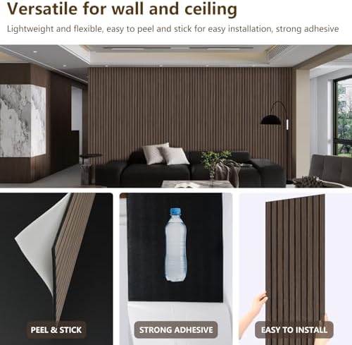 Wood Panels for Wall 2 PCS - Extra-Long Wood Slat Wall Panel - DIY Acoustic & Soundproof Wood Wall Panels - 3d Wall Panels Peel and Stick Noise Reducing Feature Wall - (Black 11.8" W x 94.5" L)