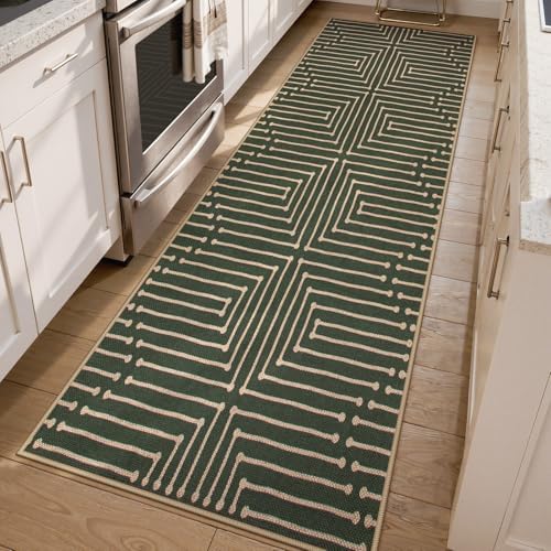 Lahome Maze Line Green Kitchen Runner Rug, 2x8 Outdoor Easy Jute Runner Rug
