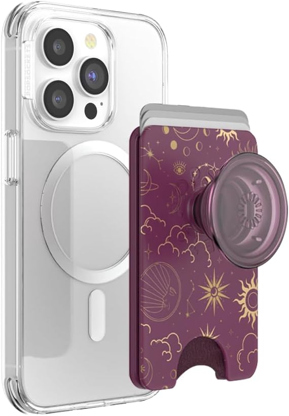 PopSockets Phone Wallet for MagSafe with Grip- Celestial Mauve | PopWallet, Holds 3 Cards, Magnetic, Removable, Secure, Moon, Star, Sun, Space, Phone, Women