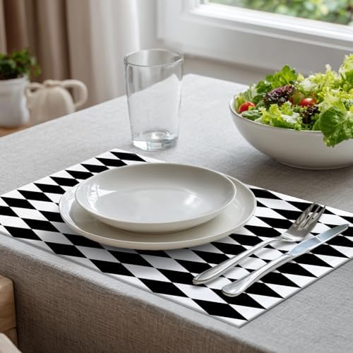 Batmerry Black White Diamond Linen Placemats Set of 6, Art Black and White Harlequin Washable Table Mats for Kitchen Table Thickened Heat Insulation Dining Set Indoor Outdoor 12X18 in