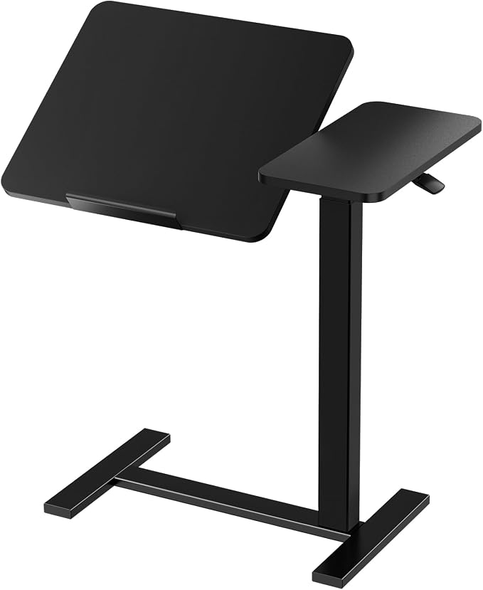 DUMOS Adjustable Bedside Overbed Table with Wheels, Black | Laptop Standing Desk with Tilting Top Height, Mobile Rolling Computer Cart for Hospital Home Bedroom Use