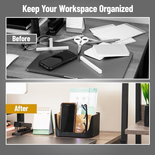 Mind Reader 5-Compartment Desktop Organizer, Adjustable Caddy, Plastic and Wood, Black