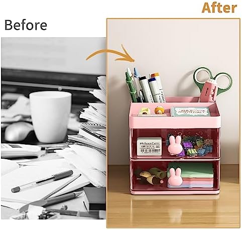 Marbrasse Small Desk Organizer with Drawer, Multi-Functional Pen Pencil Holder Storage Box, Desk Organizers and Accessories with 3 Compartments + 2 Drawer for Office Art Supplies(Pink)