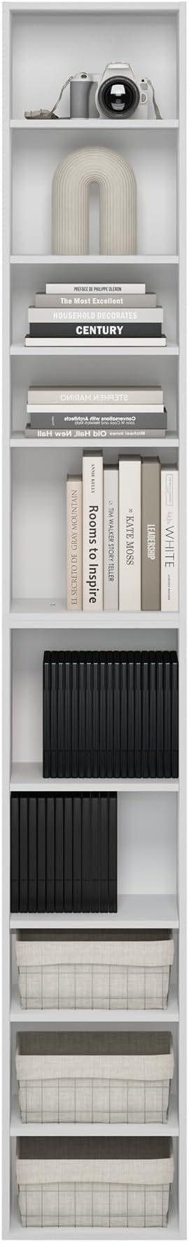 Furinno PASIR Book Shelf, 10-Tier Bookshelf, Bookcase with Open Shelf, 9.2 x 11.8 x 78.7, for Living Room, Bedroom, Home Office, White