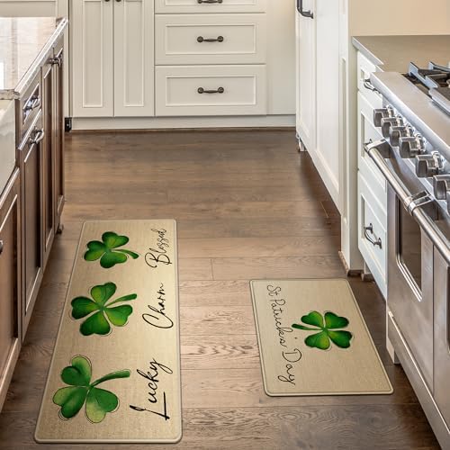 St Patricks Day Kitchen Rug Set of 2, Non-Slip Absorbent Door Mats Seasonal Lucky Green Shamrock Clover Decorative Kitchen Floor Mat 17x29 and 17x47 Inch DM127