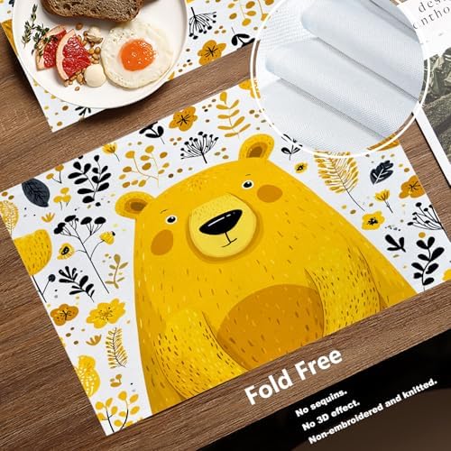 Batmerry Cute The Bear in Mineral Yellow Linen Placemats Set of 4, Floral Background Washable Table Mats for Kitchen Table Thickened Heat Insulation Dining Set Indoor Outdoor 12X18 in
