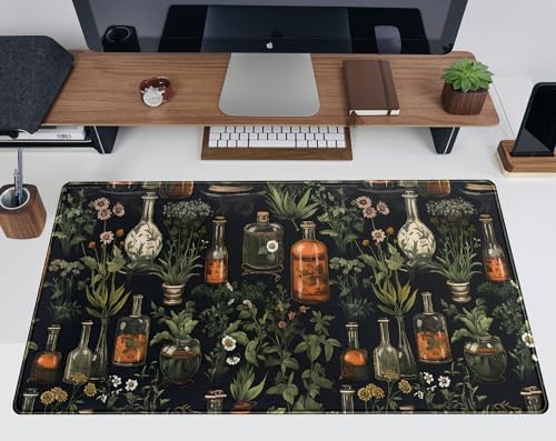 Black Aesthetics Desk Mat Mouse Pad Large Gaming Mouse Pad Desk Pad Mousepad, Mystical Green Plant Computer Laptop Keyboard and Mouse Mat, Desktop Protector Mat for Women Girl Office 31.5x15.8 in