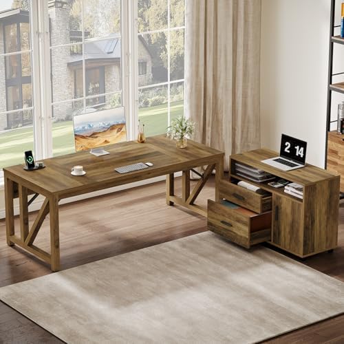 Tribesigns L Shaped Desk with Drawer Cabinet, 63" Executive Computer Desk and lateral File Cabinet, 2 Piece Home Office Furniture with Drawers for Hanging, Door