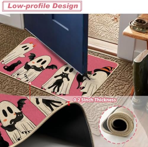 Baccessor Halloween Kitchen Rugs Set of 2, Pink Ghost Boo Black Cat Kitchen Mats for Floor Washable Low-Profile Farmhouse Spooky Holiday Home Indoor Outdoor Decor 17x29 and 17x47 Inch