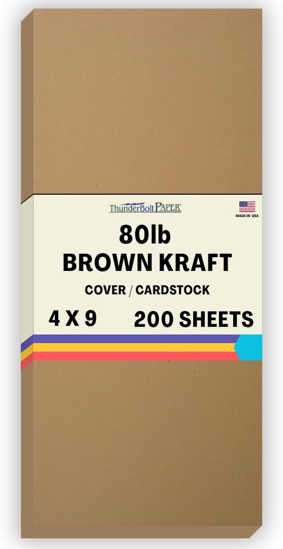 200 Brown Kraft Fiber 80# Cover Paper Sheets - 4" X 9" (4X9 Inches) #10 Envelope Insert Size - Rich Earthy Color with Natural Fibers - 80lb/pound Cardstock - Smooth Finish