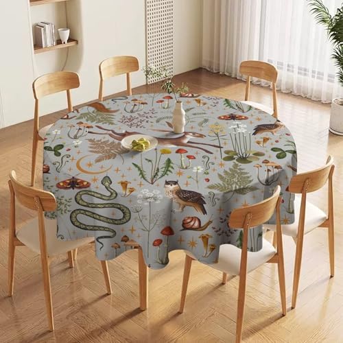 Woodland Animal Tablecloth, Grey Country Forest Hare Squirrel Owl Snake Snail Flowers Mushroom Print Table Cover for Picnic Party Holiday Home Kitchen Dining Table Decor, 50x50in